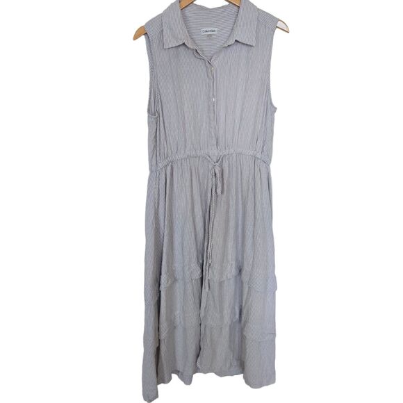 Calvin Klein Maxi Dress Sz 14 Blue Striped Linen Tiered Sleeveless A-Line - Picture 3 of 15